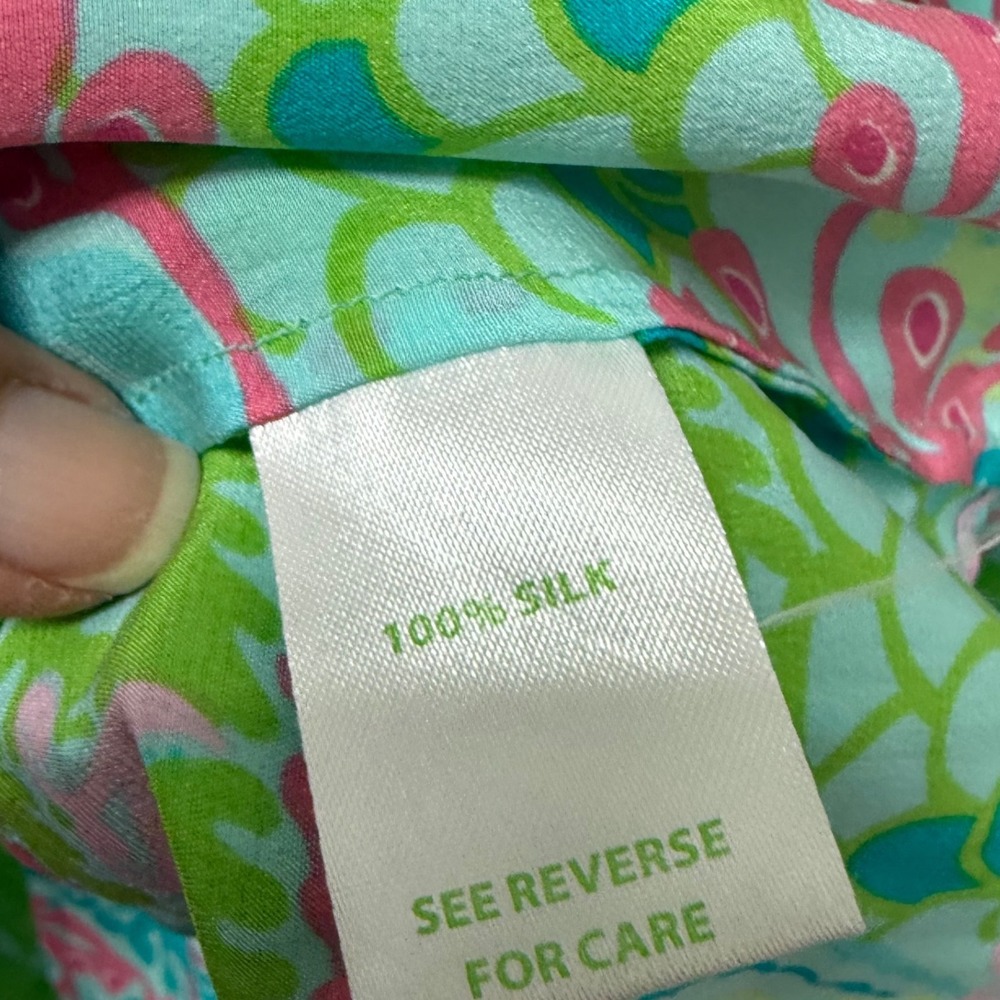 Lilly Pulitzer Silk Blouse Pink Green Tropical Smocked Neck Top Size 14 - Picture 5 of 9